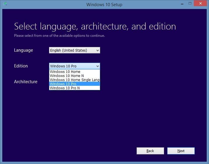 Windows 10 Edition Selection