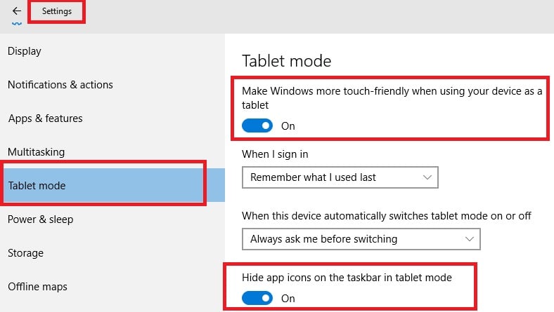 Switch ON Tablet Mode Windows 10