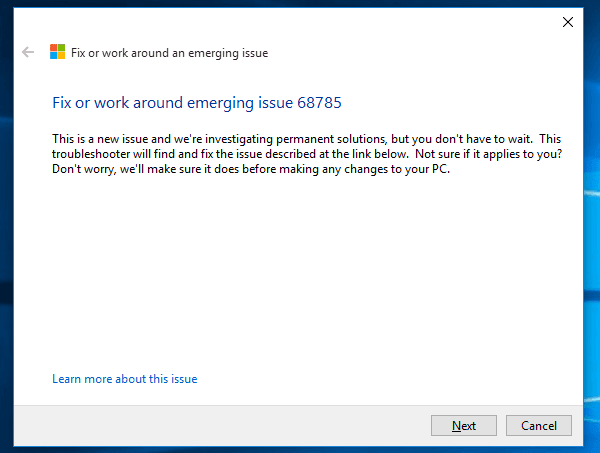 Windows 10 issue 68758 KB3086786