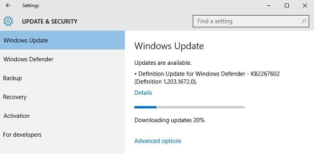 Windows 10 update advanced options