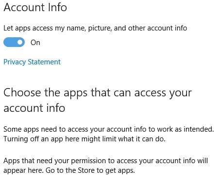 Windows 10 Account Info Privacy Setting