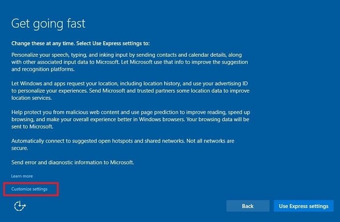 Windows 10 Express Settings