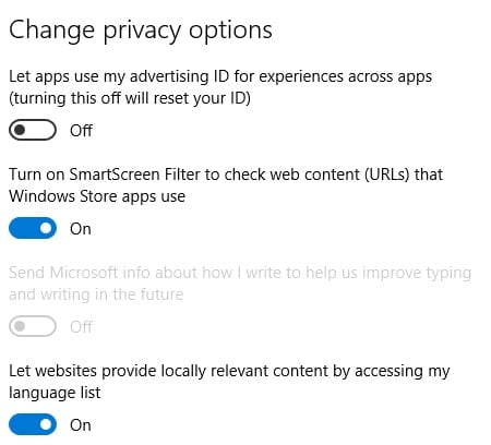 Windows 10 Privacy General Settings